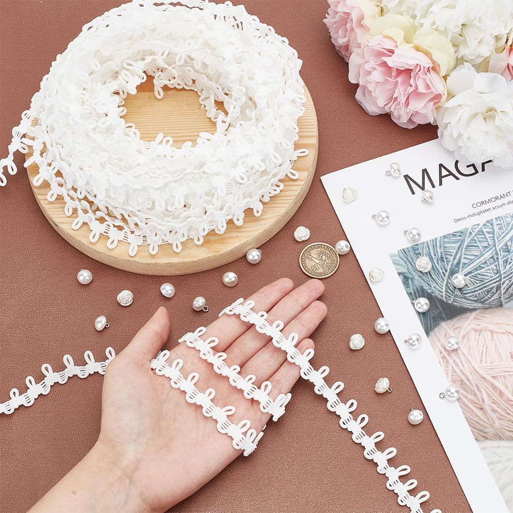 PH PandaHall 20 Yards White Wedding Dress Button Loops Petite Braid Trim Tassel Fringe Lace Trim with 60pcs Pearl Buttons Sewing Dress Zipper Extender for Costume Crafts Sewing Wedding Bridal Dress
