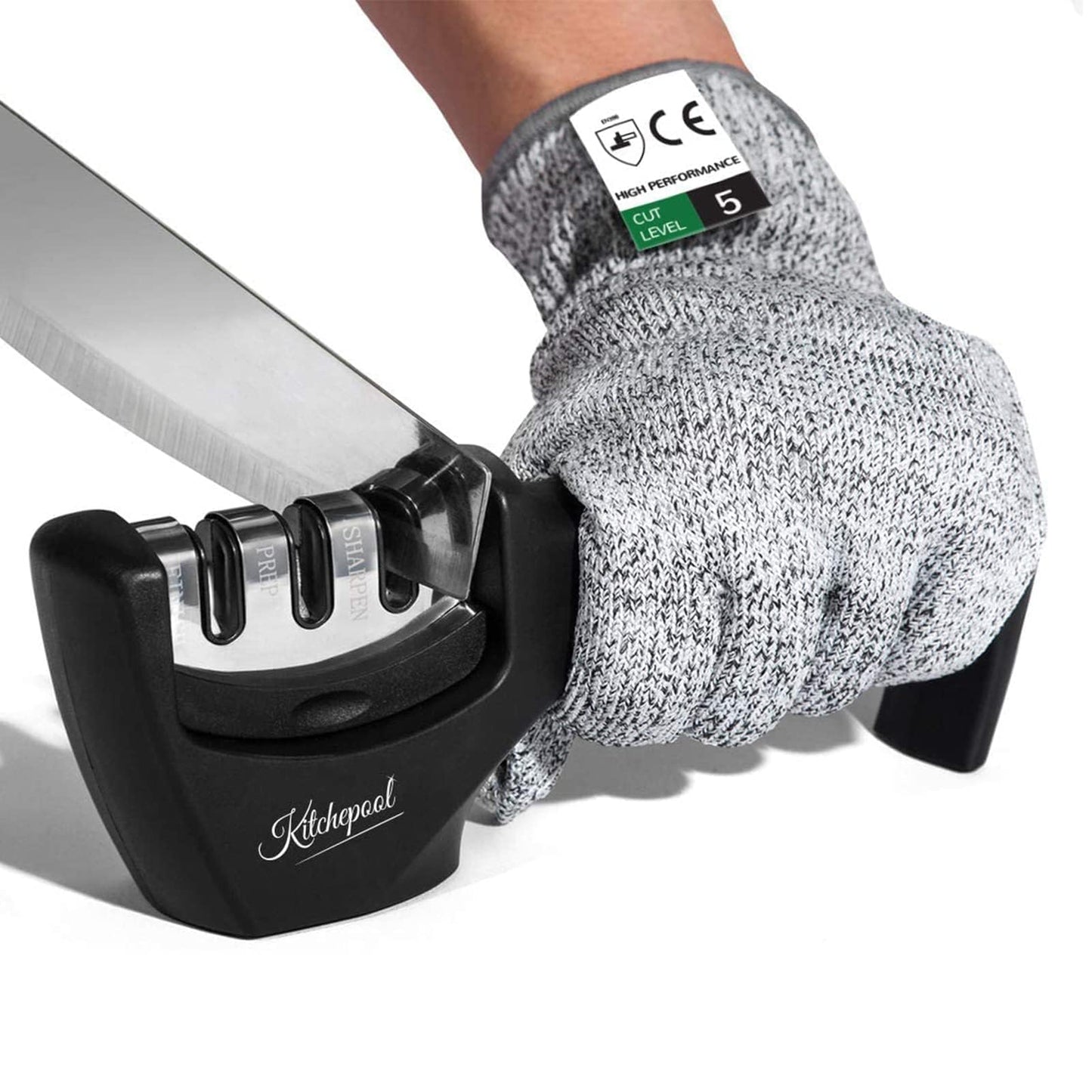 4-in-1 Knife Sharpener Kit with Cut-Resistant Glove, 3-Stage Quality Kitchen Knife Accessories to Repair, Grind, Polish Blade, Professional Knife Sharpening Tool for Kitchen Knives