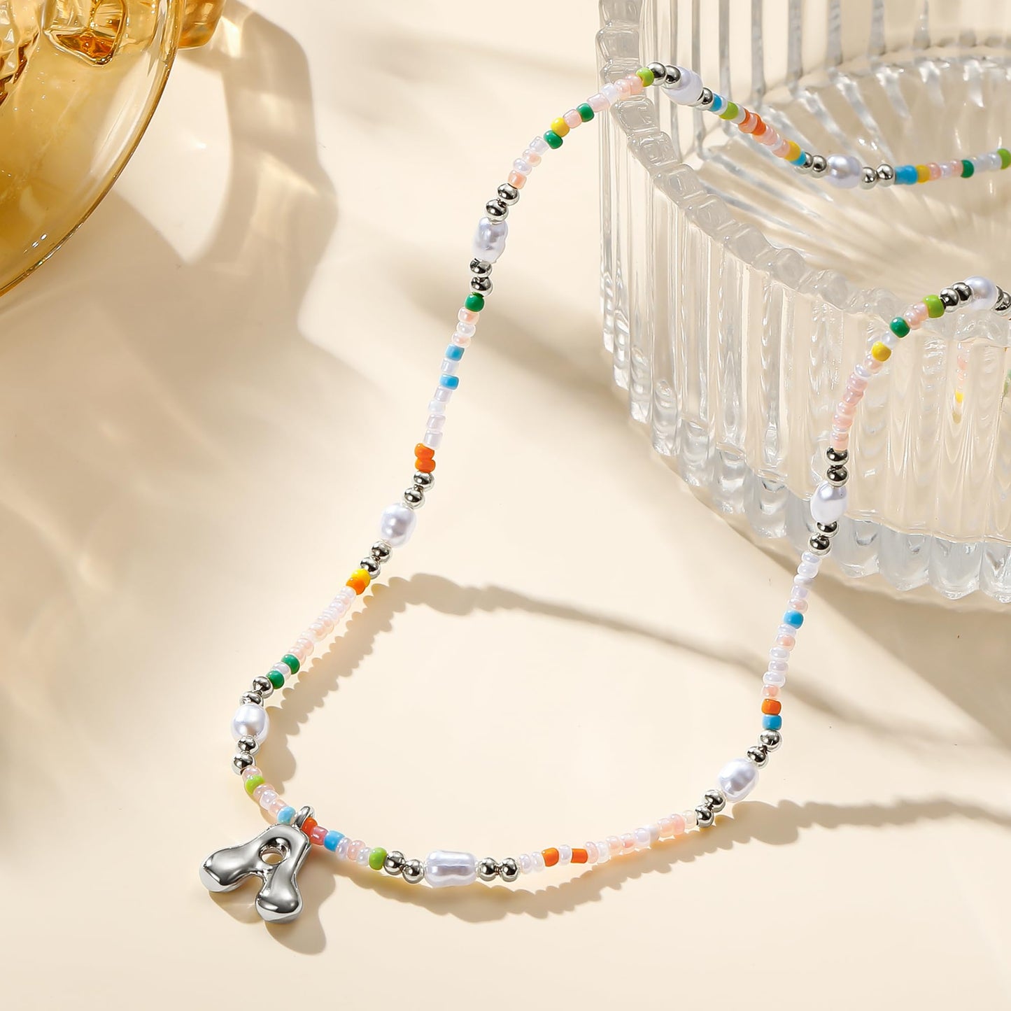 Ritach Initial Necklaces for Women Jewelry - Beaded Necklace Colorful Initial Necklaces for Women Letter S Necklaces Silver Necklace for Girls Gifts Summer Beach Jewelry