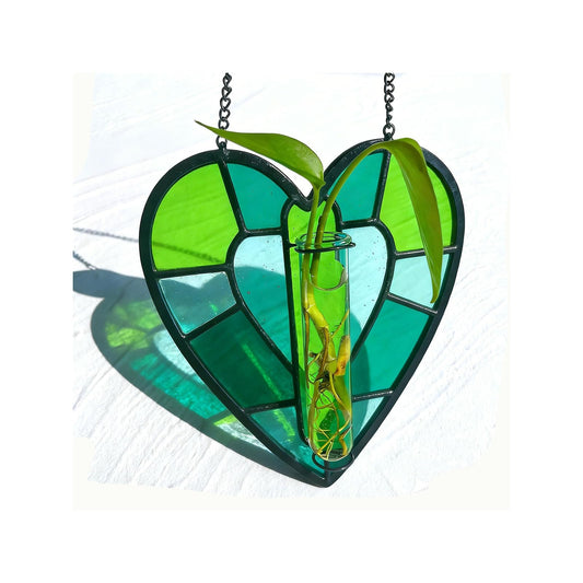 Stained Glass Plant Propagation Station, Handmade Suncatchers Window Hanging Decor, Hanging Hydroponic Planter Terrarium with 2 Glass Tubes for Mother's Day Home & Garden Decor, Green, Indoor Outdoor