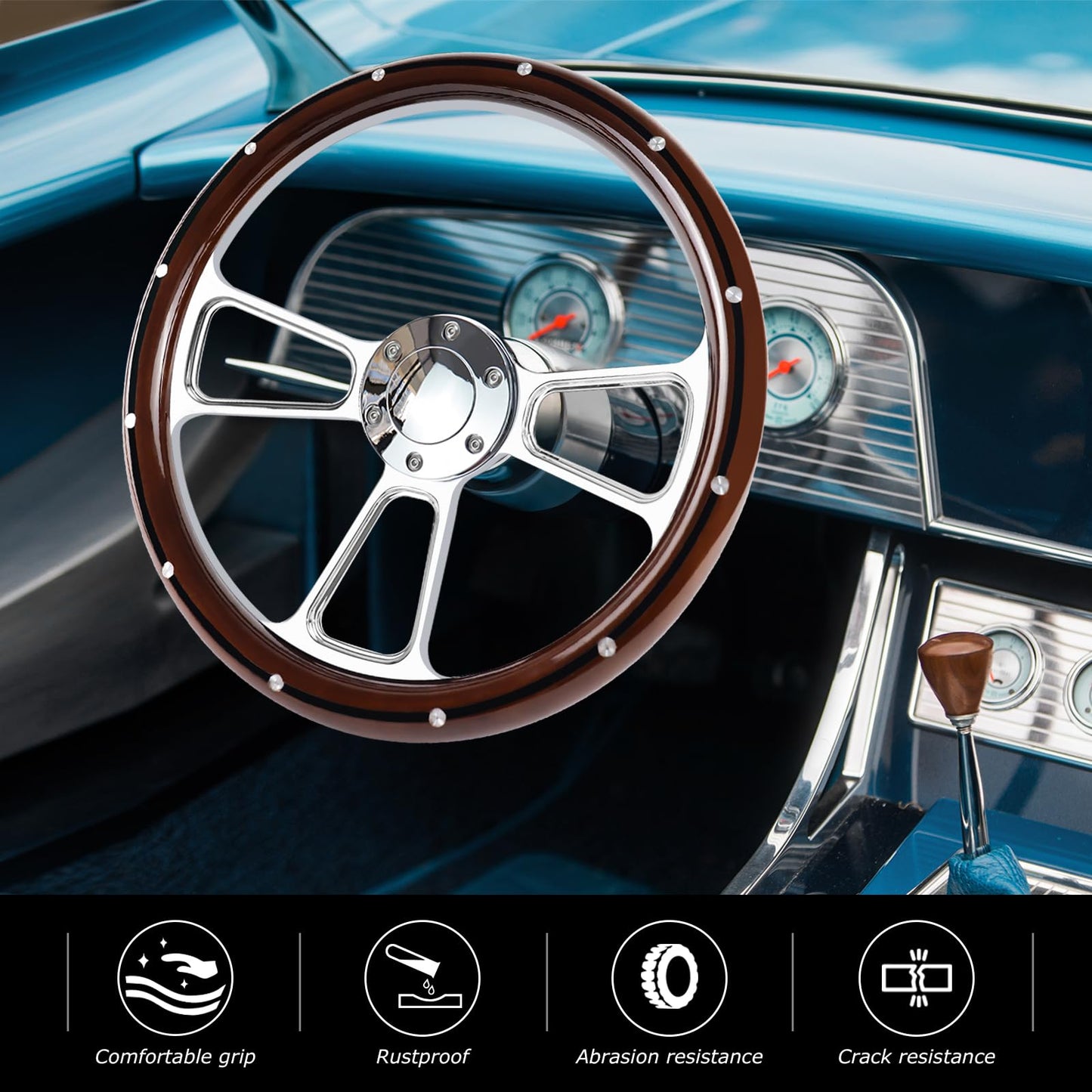 QYMOPAY Universal Racing Steering Wheel 14 Inch 6 Bolt Silver Aluminum 3 Spoke Muscle Style Steering Wheel with Horn Button for Racing/Rally/Motor sports Rivet