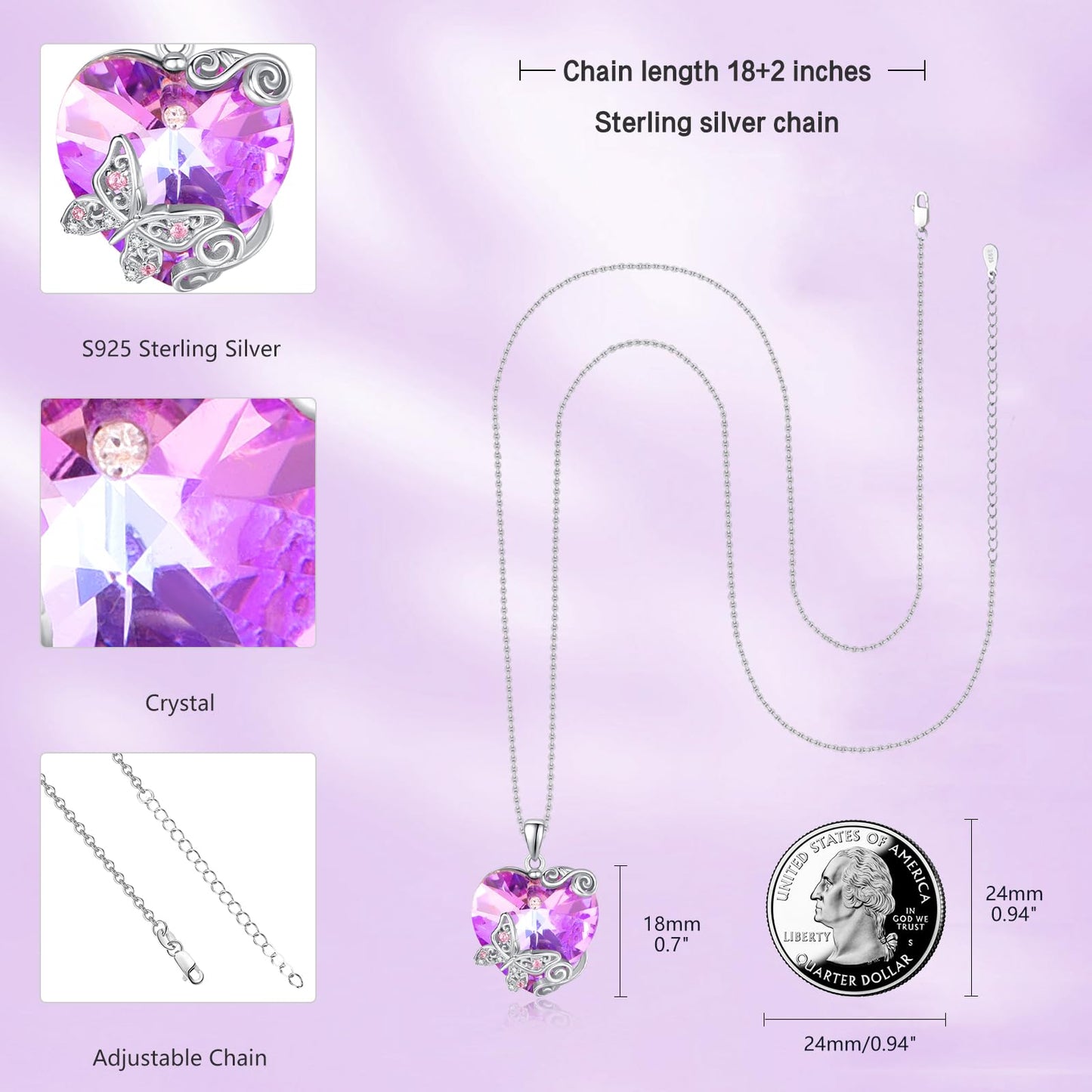 AENEAS Butterfly Necklace 925 Sterling Silver Butterfly Pendant with Love Heart Purple Crystal Butterfly Jewelry Gifts for Lovers Women Wife