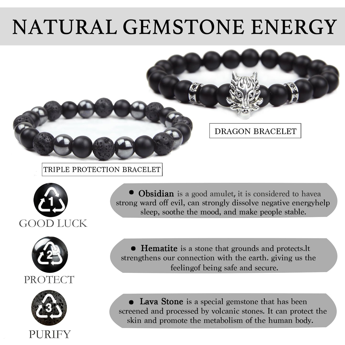 GDLKPYHS Black Obsidian Bracelets for Men - Dragon Bracelet - Tourmaline Beaded bracelets, 8MM Black Onyx Hematite Lava Stone Beads Triple Protection Bracelet for Men Women Gifts