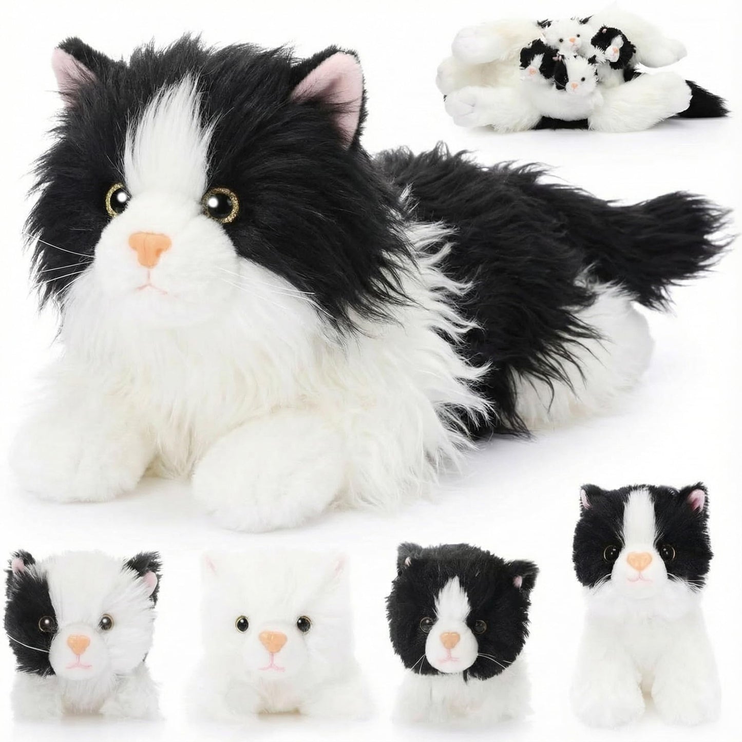 HyDren 5 Pcs Realistic Ragdoll Cat Stuffed Animal, 17.75 Inches Large Ragdoll Cat Mommy Plush with 4 Cute Babies Soft Plush Kittens Set for Girls Boys Birthday Party Favors(Black)