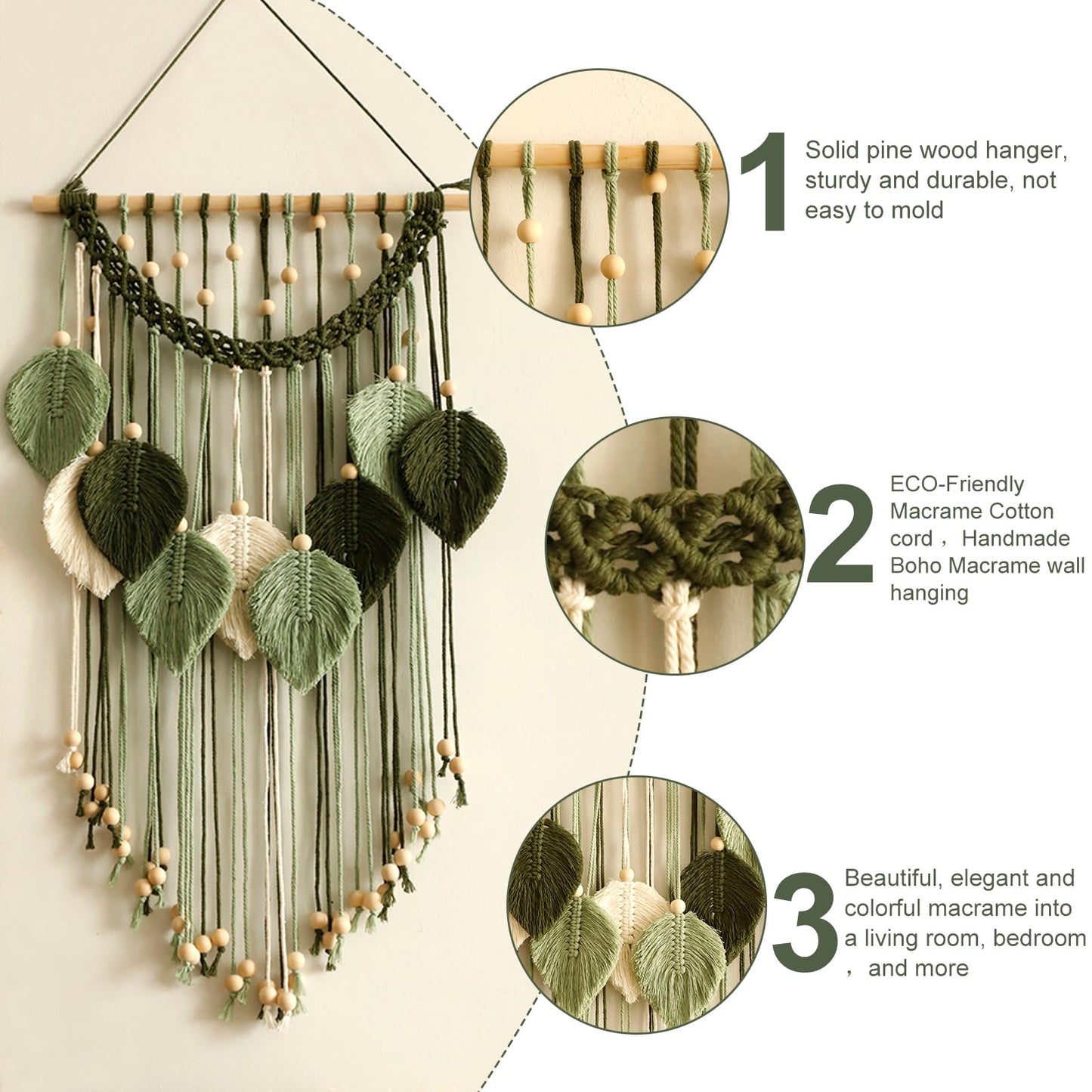Artilady Macrame Wall Hanging -Handmade Sage Green Leaf Wall Tapestry,Boho Decorations for Bedroom Living Room Bathroom,Earthy Room Decor,Wedding Birthday for Women Girls