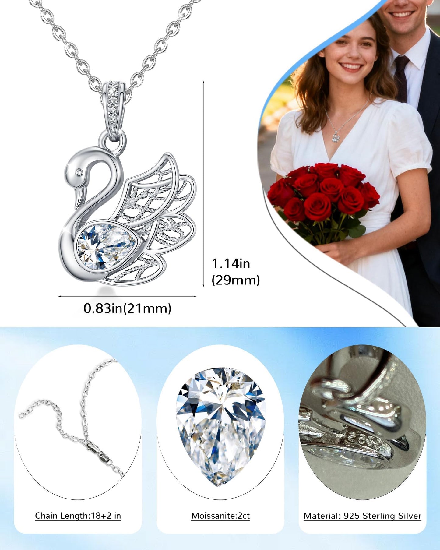 2 Carat Moissanite Necklace 925 Sterling Silver Jewelry AAAAA Cubic Zirconia Swan Pendant Necklace Best Gifts for Mom Women Girlfriend Grandma Friend Lover Her Wedding Birthday Anniversary Daily