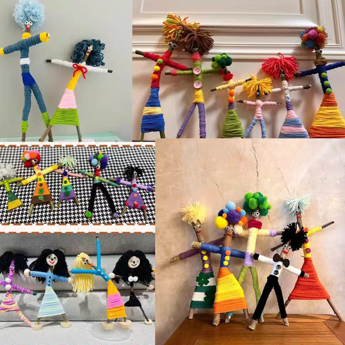 Qupace 5 Sets Wooden Doll DIY Craft Kits, All-in-One Art Supplies with Yarn, Pipe Cleaners, Pompoms, Googly Eyes, Lace, for Kids & Adults, Party Activities, Birthday Gifts, School Art Projects