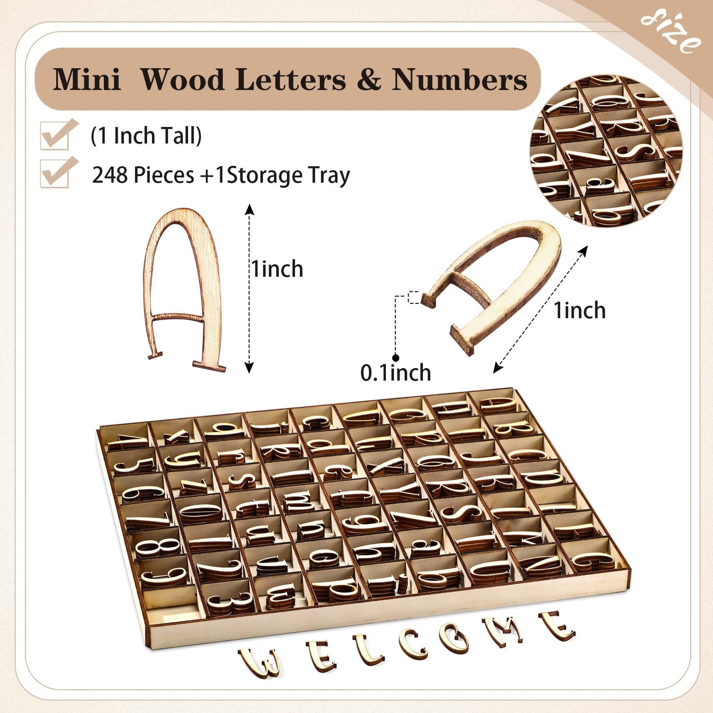 Geelin 248 Pcs 1 Inch Wood Alphabet Letters Numbers with Storage Box Blank Unfinished Wooden Letters Numbers with Rustic Storage Tray for Spelling Learning Education DIY Crafts