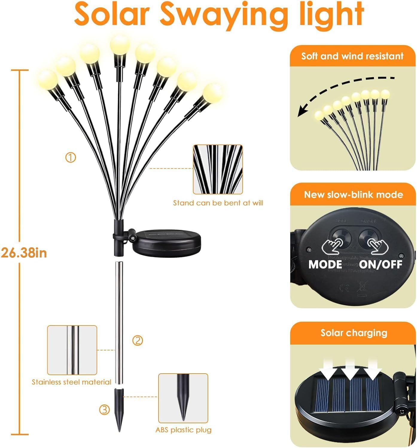 Solar Garden Lights, 8 Pack 64LED Solar Firefly Lights, Waterproof Garden Light Outdoor with 2 Lighting Modes, Swaying Light for Outside Yard, Walkway, Patio, Lawn, Flower Bed Decoration (Warm White)