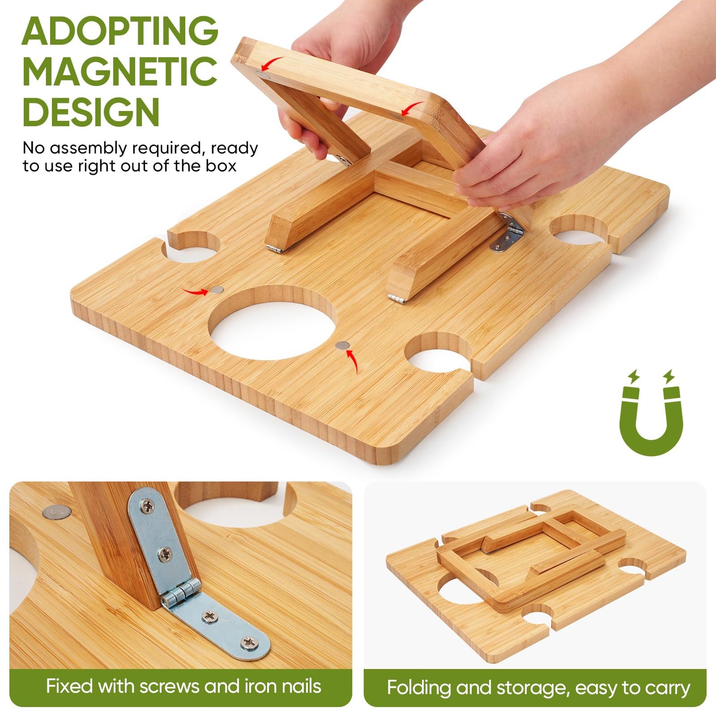 Dumbpec Bamboo Wine Picnic Table, Foldable Portable Charcuterie Tray with Bottle Slot and 4 Glass Holders, 15.6 x 11.7 x 7.5 in, for Beach, Park, Camping