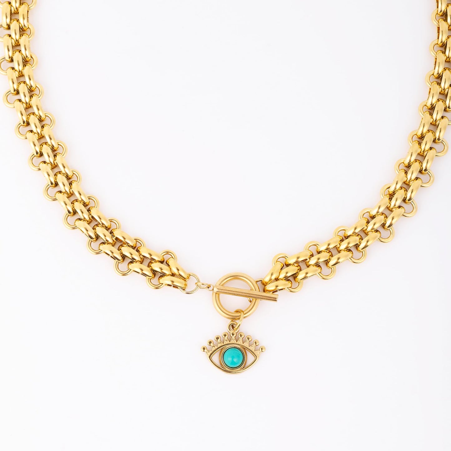 jomjeu Chunky Gold Necklace for Women Evil Eye Necklaces 18K Gold Plated Stainless Steel Chain Pendant Necklace Classic Trendy Toggle Thick Gold Necklaces Jewelry Gifts for Women