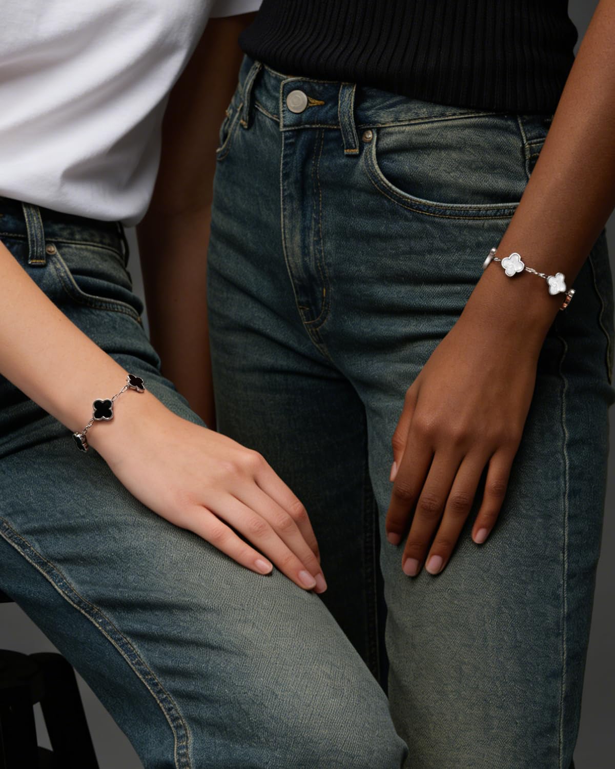Aimétte Monette Silver Bracelets for Women, Four Leaf Clover Bracelet 2 Pcs, Silver Jewelry for Women, Black and White Flower Bracelet, Silver Jewelry Set