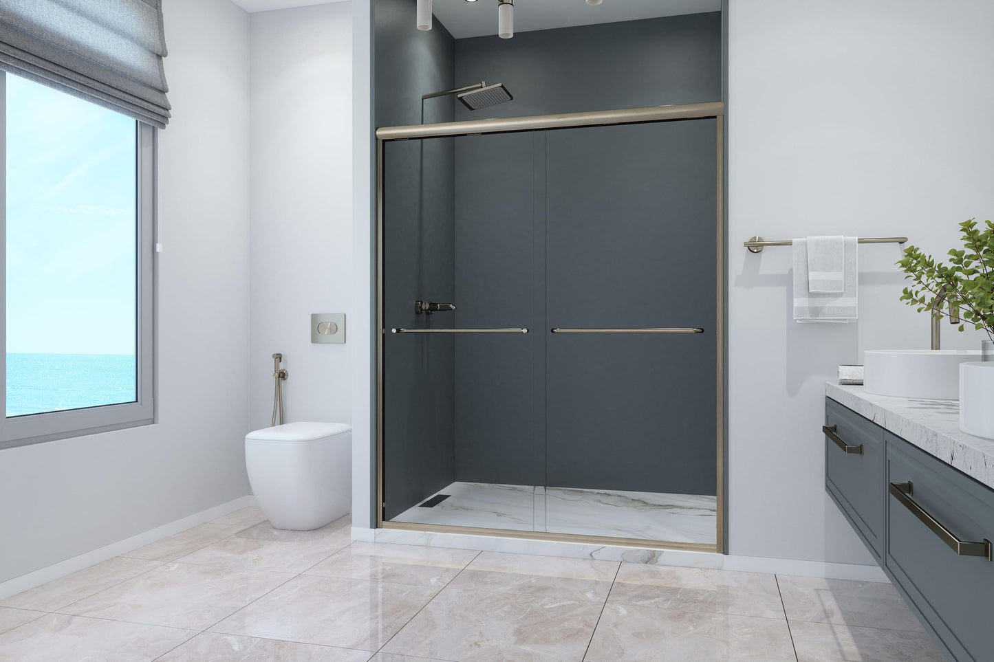 EUROTECH SHOWERS Classic 56-59" W x 72" H Semi-Frameless Double Sliding Glass Shower Door with 1/4" Clear Tempered Safety Glass (Brushed Nickel)