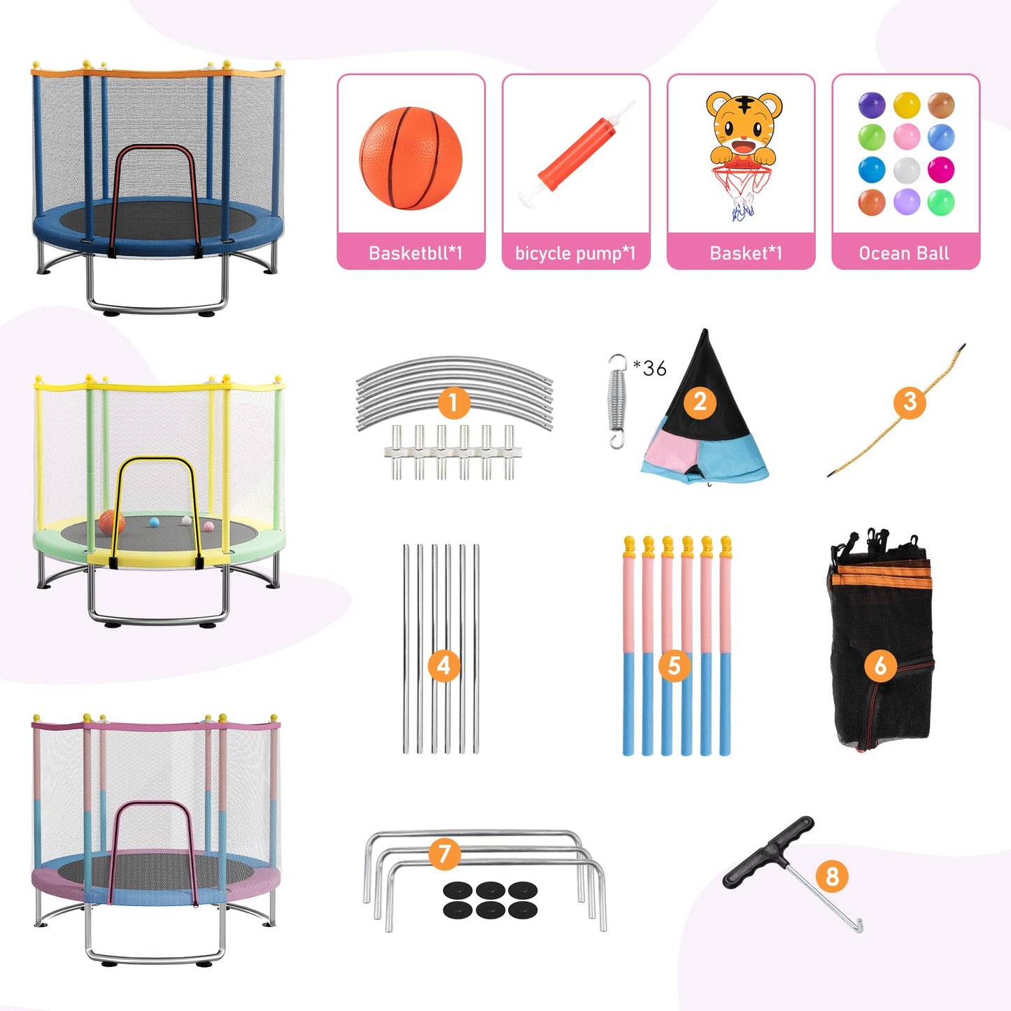 55" Kids Trampoline with Safety Net – 440lbs Capacity, Upgraded Rust-Proof Ring Legs, Adjustable Gymnastics Bar & Toys – Indoor Outdoor Toddler Trampoline for Boys & Girls Ages 1-8 (Pink)