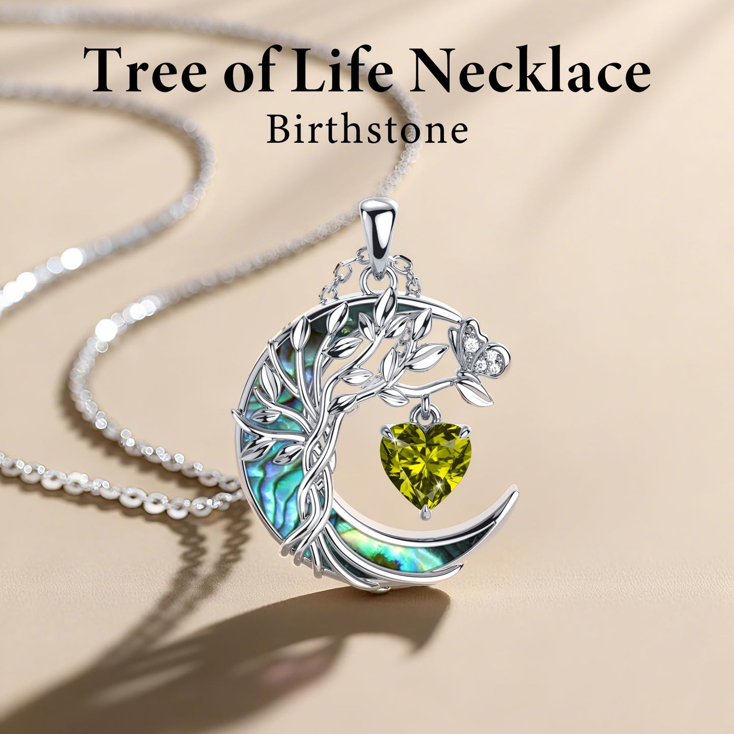 Distance Tree of Life Birthstone Necklace for Women, S925 Sterling Silver Premium Abalone Shell Moon Pendant August Heart Birthstone Necklace, Peridot Jewelry Christmas Birthday Gifts for Her Mom Wife