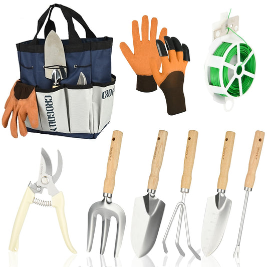 Garden Tool Set, 9-Piece Heavy Duty Outdoor Garden Tools with Ergonomic Handles, Storage Bag, Pruning Shears, Hand Rake and More, Perfect for Gardening Enthusiasts, Gardening Gifts for Women and Men