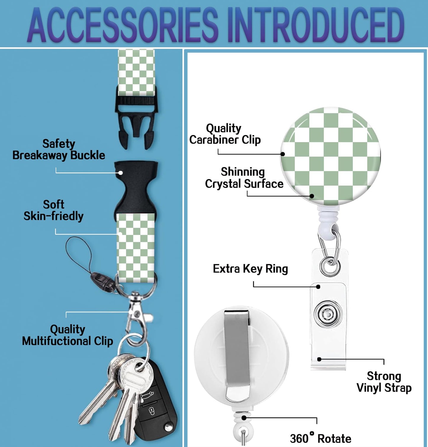 ID Badge Holder with Retractable Lanyard and Keychain, Badge Reel with Rotate Carabiner Clip,Cute Green Checkered Card Name Tag Lanyard ID Protector Bage Clips for Student, Women, Office