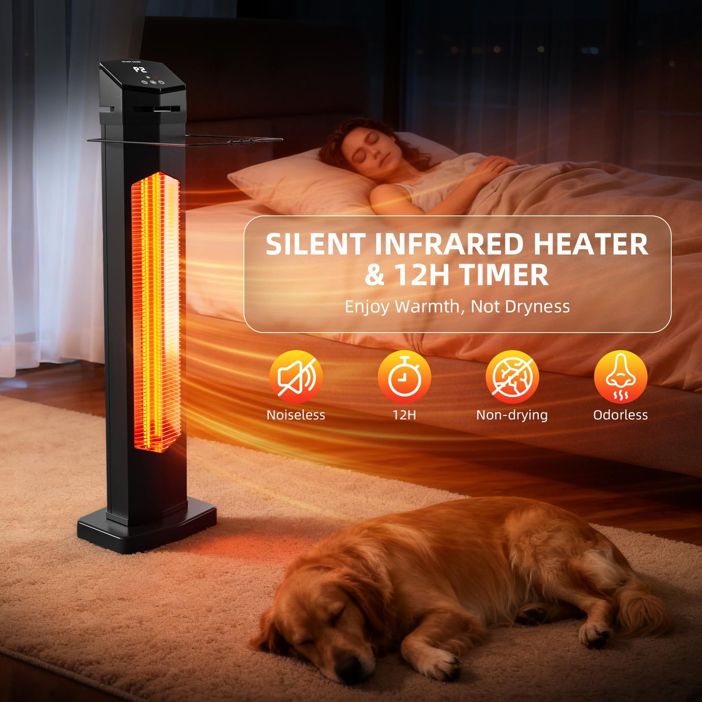 1500W Electric Patio Heater, 36inch Infrared Heater with Remote, IPX5 Waterproof Infrared Tower Space Heater, 2 Heat Levels, 12H Timers, Tip-Over & Overheat Protection for Garage, Indoor, Home