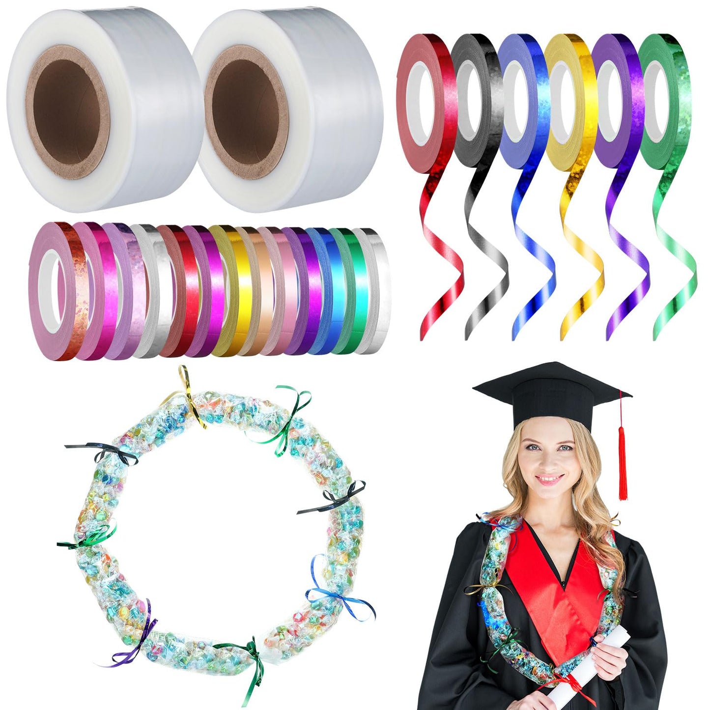 Ribbonlic 2 Rolls Graduation Candy Lei Making Kit, 2.7 Inch x 623 Ft Clear Candy Lei Poly Tubing with 19 Colorful Rolls Ribbons for 2026 DIY Grad Wreaths Snacks Hawaiian Party Supplies