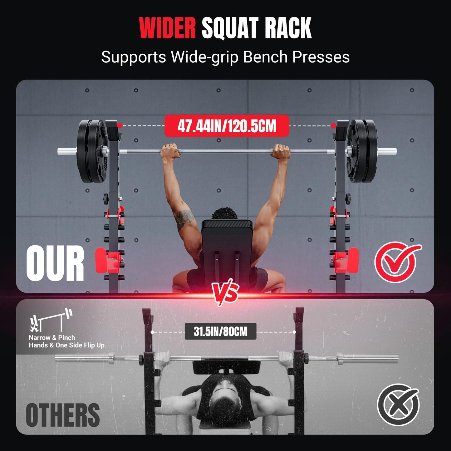 Yoleo Weight Bench with Rack - Bench Press Set, Leg Extension, Preacher Curl & Flat/Incline/Decline Full Body Workout Bench, Adjustable Olympic Weight Benches for Home Gym(47.44IN WIDE GRIP) (47.44“ Wide Grip)