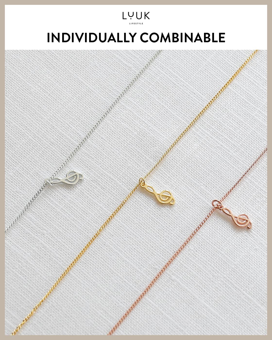 LUUK LIFESTYLE 925 sterling silver necklace with music key | treble clef pendant and HAPPINESS card, jewelry with a musical motif for her, gift idea for friend, music fan, birthday, gold