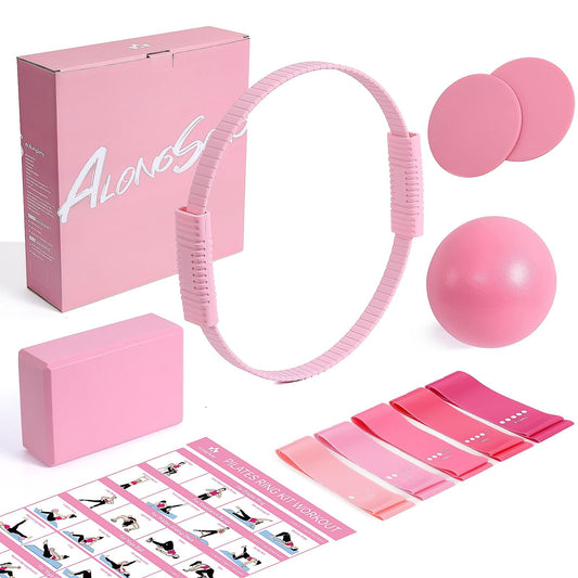 ALongSong Pilates Kit for Women, 13.7in Silicone Pilates Ring with Pilates Ball, 5 Resistance Bands, 1 Pilates Block, 2 Core Sliders, Guide for Full Body Home Workouts