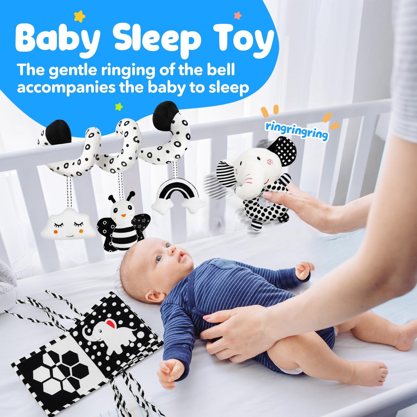 TSYAN High Contrast Baby Toys for Babies 0-6 Months, Black and White Baby Sensory Toys with Car Seat Toys,Infant Toys with Black White Book, Hanging Rattle Toys for Baby Gifts