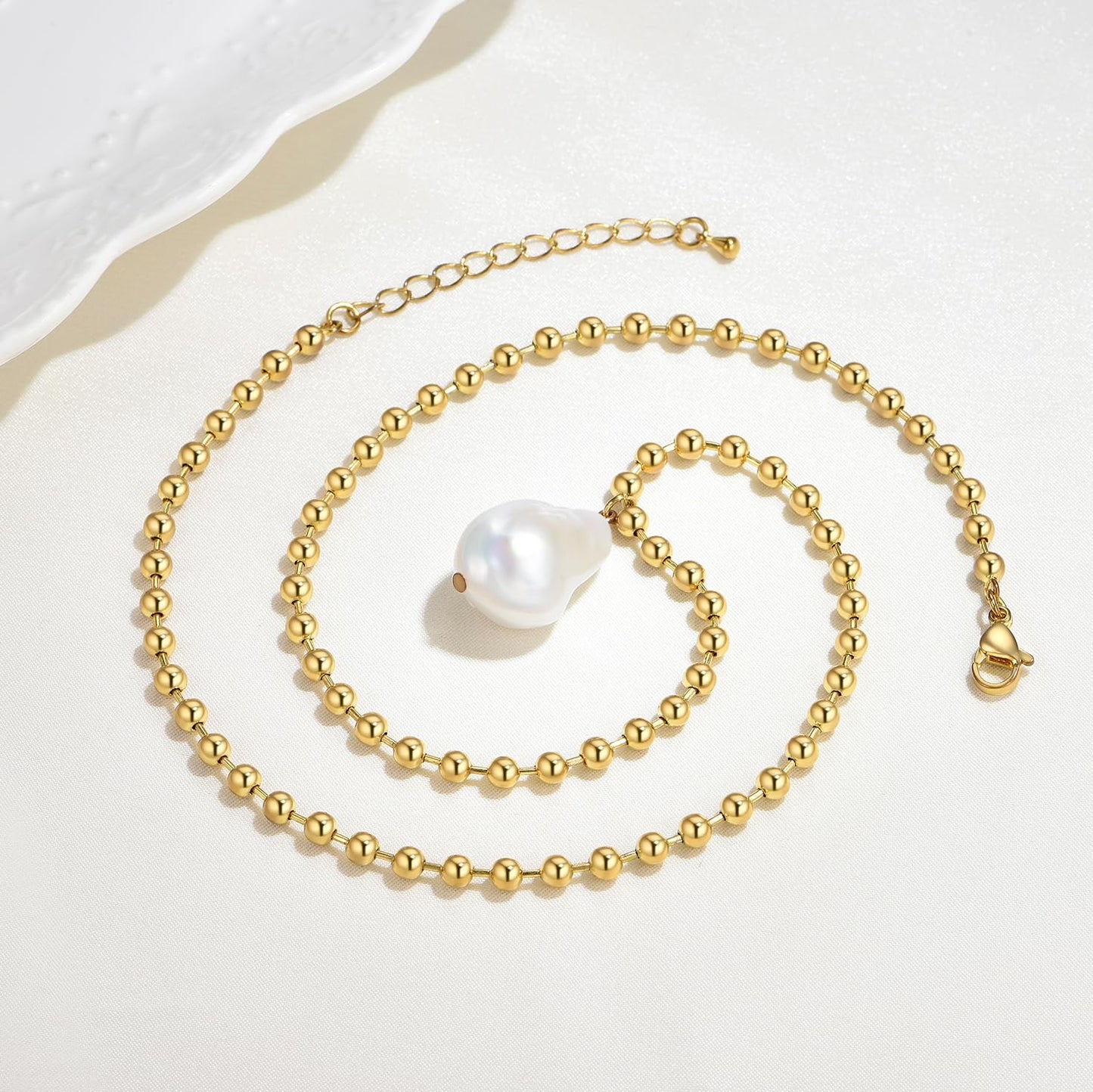 Large Natural Baroque Pearl Pendant Necklace for Women Dainty 14K Gold Plated Beaded Chain Dangling Handpicked Freshwater Cultured White Single Pearl Necklace Fashion Jewelry Gift 18''
