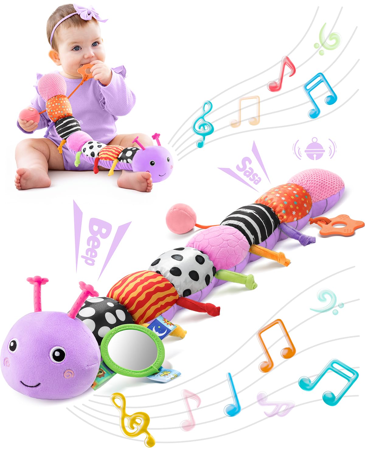 LIGHTDESIRE Baby Toys Musical Caterpillar,Infant Toys 3 6 12 Months Sensory Toy with Ruler Design,Mirror,Pull String,Crinkle&Ring Bell,Baby Teething Toy for Tummy Time Boy Girl Gifts (Lavender Purple)