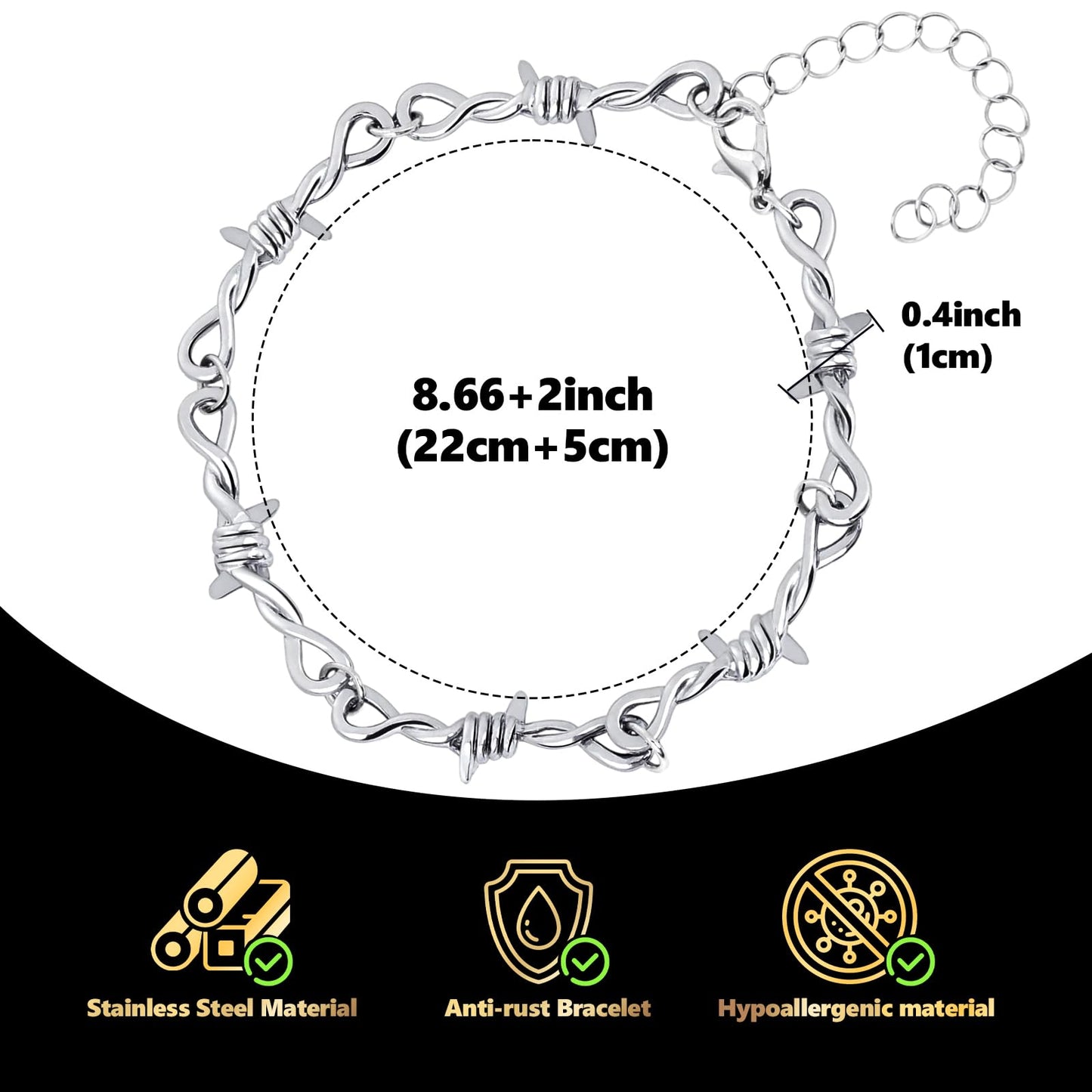 LuxGoth Stainless Steel Barbed Wire Thorns Thin Link Chain Bracelet Gothic Punk Rock Biker Vintage Viking Adjustable Brambles Link Curb Bracelet Jewelry for Men Women Silver GTS-B1B45051