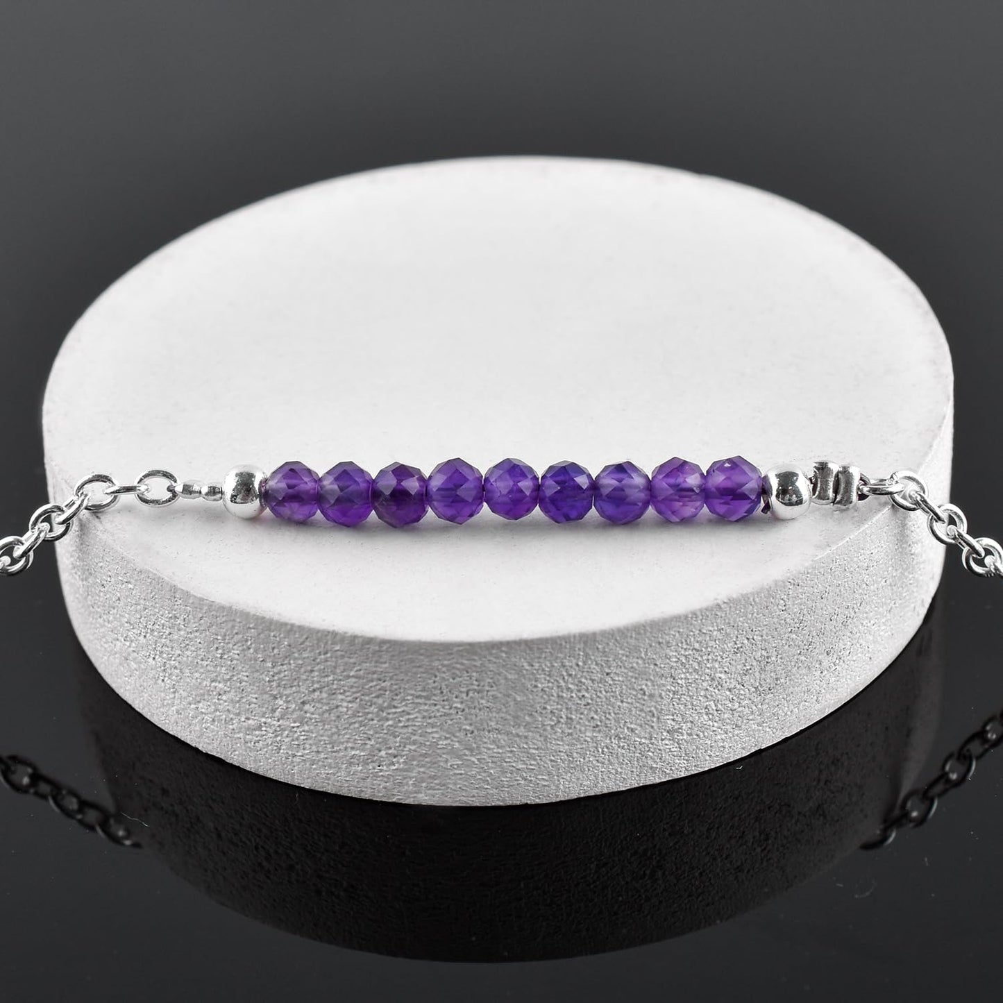 YANARA Amethyst Ankle Bracelet for Women Jewelry, Natural Birthstone, Gemstone Beads, Handmade Dainty Anklet 9"+1.25" inch, 3mm Rounds, Chakra Energy Crystals, Silver Plated Chain