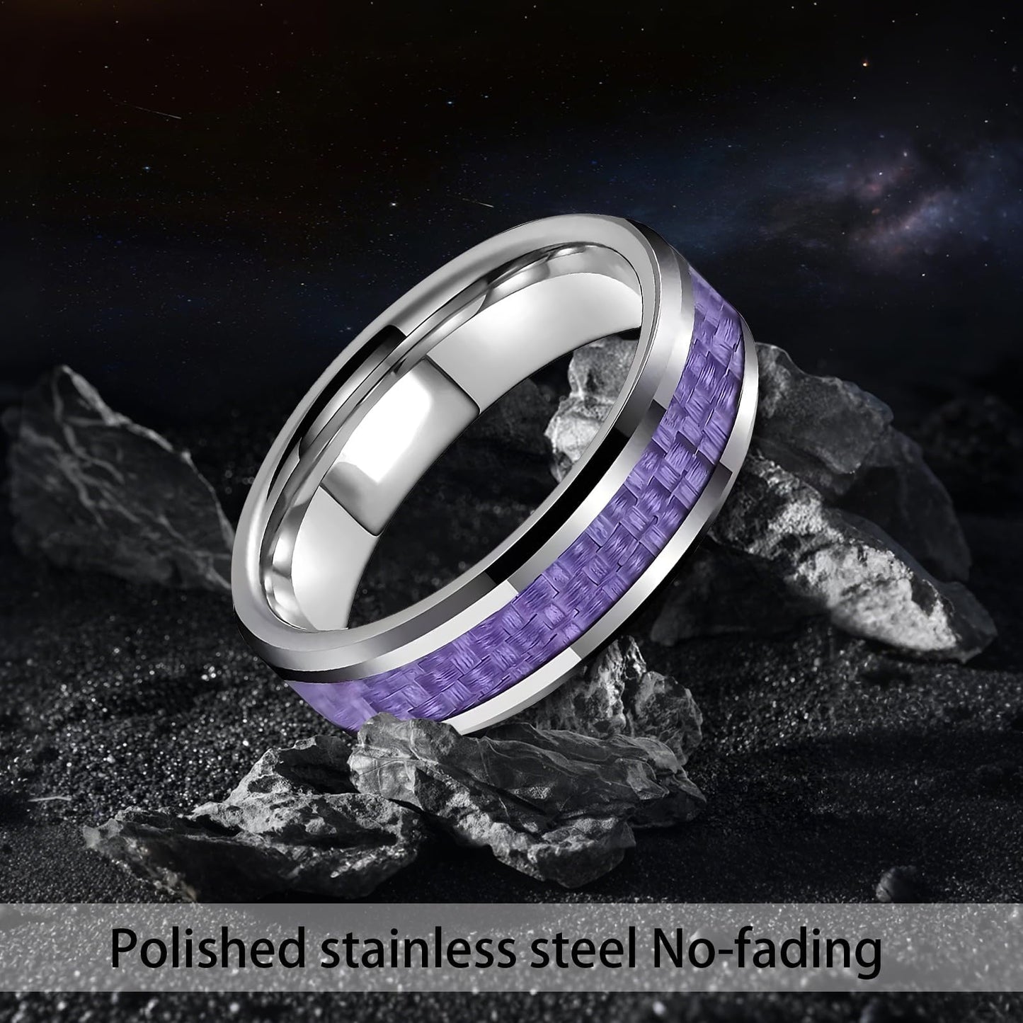 HJIMMNHONG New Carbon Fiber Fashion Rings Double Beveled Edge Delicate Polished Simple Stainless Steel Mens and Women Rings,8mm,Purple,Size11