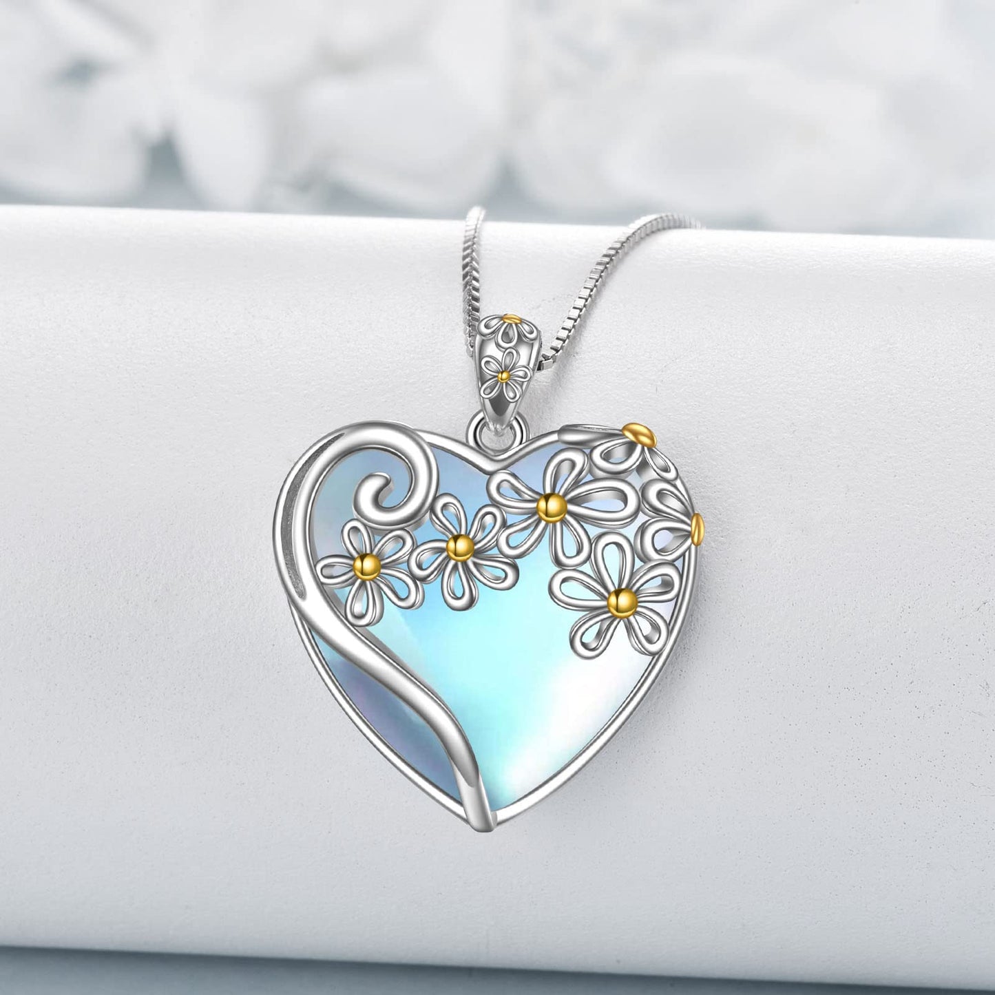 YAFEINI 925 Sterling Silver Moonstone Necklace - Filigree Heart Pendant with Flower Design - Women's Gift (G-Heart Flower Moonstone Necklace)