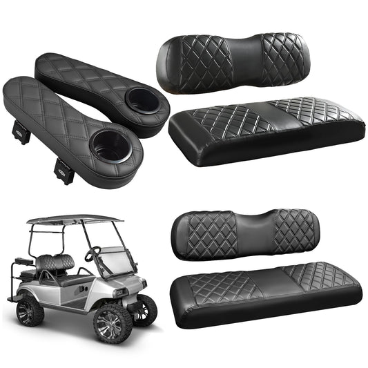NOKINS Golf Cart Seat Covers for Club Car DS 2000.5-Up,Vinyl Front&Rear Seat Cover with Flip-Up Armrests kit,with Cup Holder, for 1" Square Tube(Black&Black Stitching)