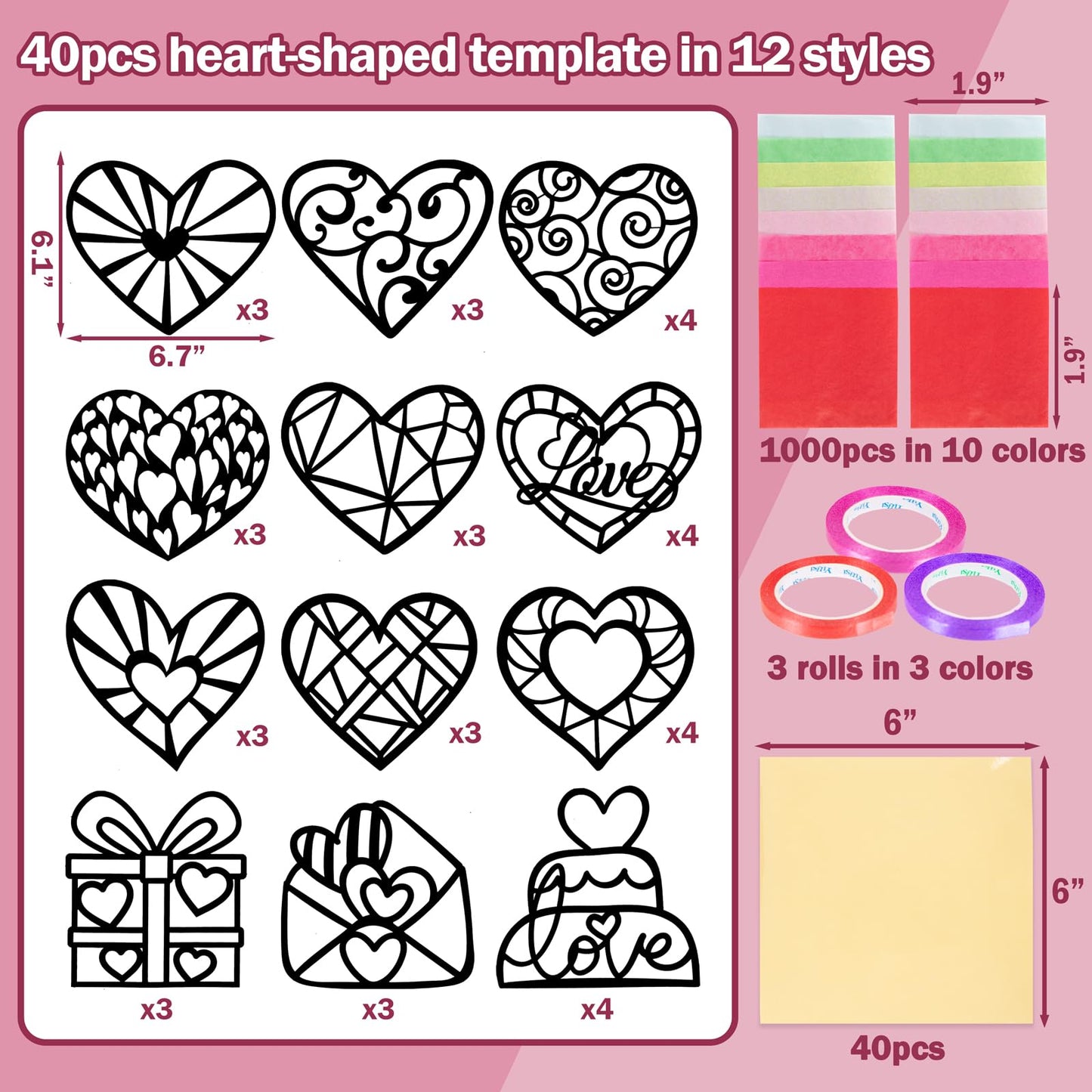 Renbuzhu 40PCS Valentines Day Crafts: Paper Heart Suncatchers, Christmas Valentine's Classroom DIY Kits, Window Stained Glass Effect Art Supplies