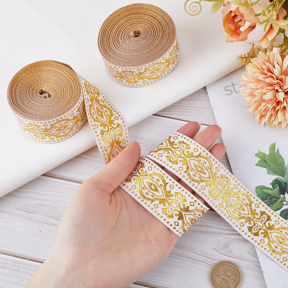 GORGECRAFT 15 Yards x 1.3 Inch Jacquard Ribbon Metallic Gold Ethnic Embroidered Woven Satin Roll Double Side Boho Fabric Floral Sewing Webbing Wrapping Strap Trim for DIY Crafts Home Curtain Decor