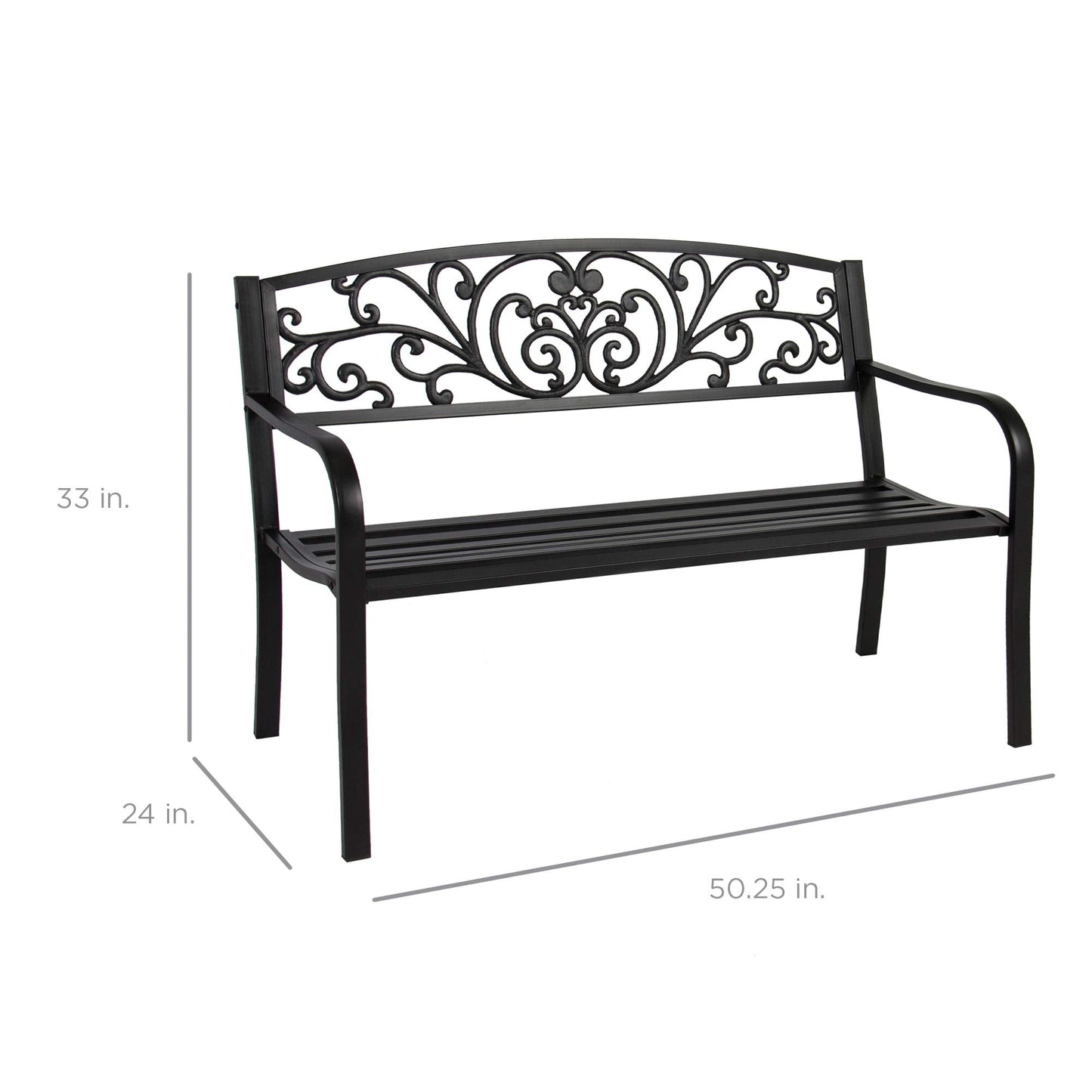 Best Choice Products Outdoor Bench Steel Garden Patio Porch Furniture for Lawn, Park, Deck w/Floral Design Backrest, Slatted Seat - Black