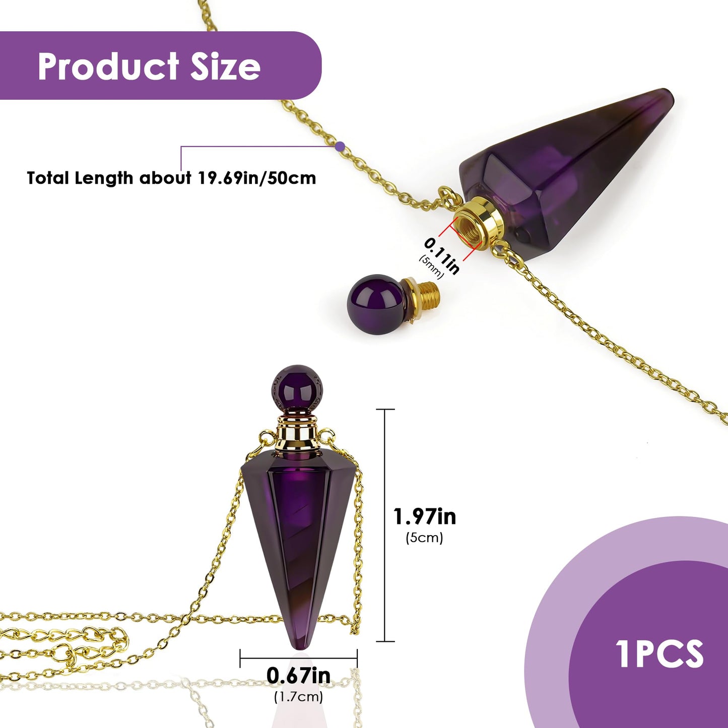 Biiange Perfume Bottle Necklace Diamond Shape, Pink Perfume Bottle Necklace, Essential Oil Diffuser Necklace, for Womens Perfume Vial Pendant Necklace Jewelry Unique Gift (Purple)