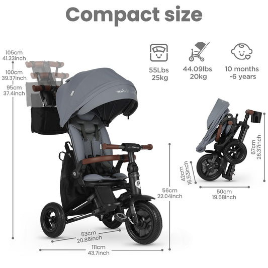 QPlay Baby Bike Stroller for Age 10 Months to 6 Years Old,8 in 1 Folding Toddler Bike Stroller with Removable Canopy & Guardrail Rotatable Seat -Tricycle for Toddlers Age 3-5 Boys & Girls Gift Trike