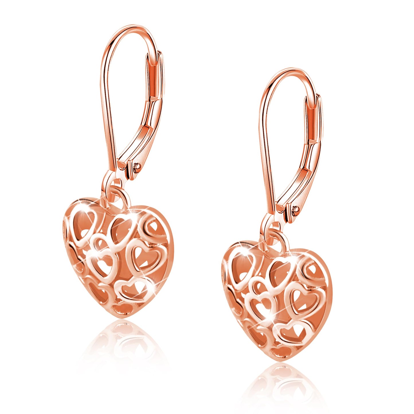 LANCHARMED 925 Sterling Silver Heart Dangle Drop Earrings for Women, Rose Gold Trendy French Style Silver Leverback Earrings Hypoallergenic Jewelry