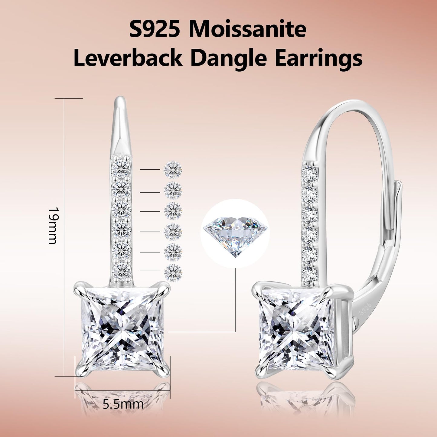 KRKC Moissanite Earrings, 1.0ct-2.0ct D Color Lab Created Diamond Earring, 14k White Gold Plated Sterling Silver Dangle Earrings S925 Leverback Drop Earring for Women Hypoallergenic Jewelry for Gifts
