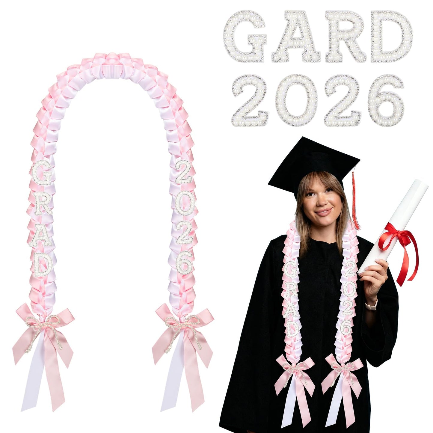 Suncalla 2026 Graduation Lei Bow Braided Ribbon Necklace Kit Graduation Ceremony Gift Photo Props for College Graduate DIY Decors Party Supplies Gown Accessories(Pink)