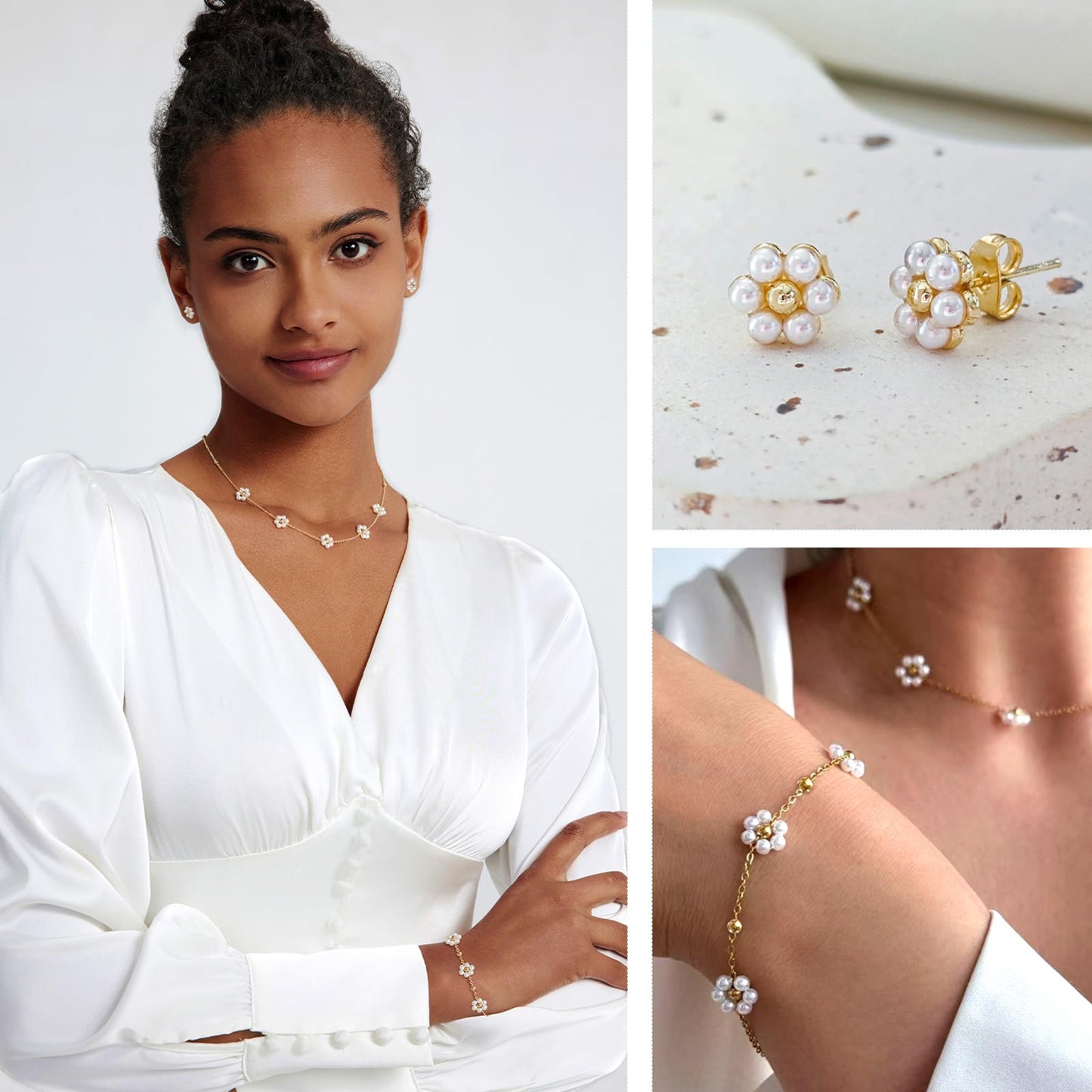Zeffy Gold Daisy Pearl Necklace and Earring Set with Pearls Stud Earrings Bracelets 14K Gold Plated Flower Choker Necklace Wedding Bride Daisy Jewelry Trendy Gift