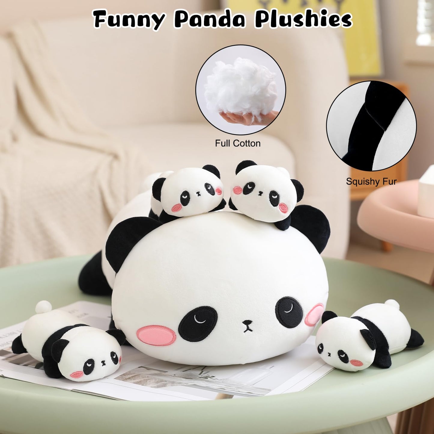 TOYSYM Panda Stuffed Animal Cute Panda Plush Pillow with 4 Baby Plushies in Her Tummy, Soft Cotton Stuffed Animals Toy Gifts for Kids