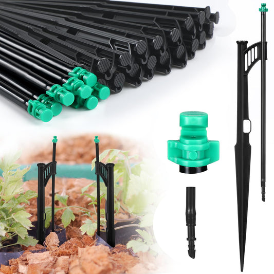 Yiyiring 25 Pcs 12.8 Inch Drip Irrigation Stakes with 180 Degree Sprayer Emitters and Sprinkler Extension Riser 1/4 Inch Drip Line Sprinkler Support Stakes for Garden Watering System,Green