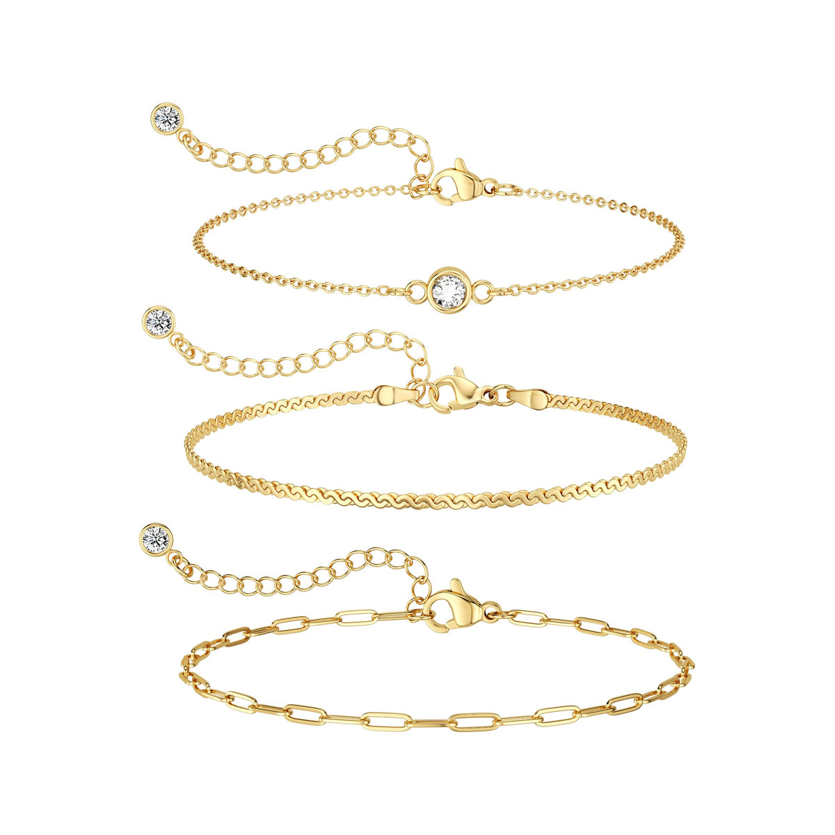 Dainty Bracelets for Women Trendy, 14k Gold Plated Stackable Bracelets Layered Paperclip Snake Chain Bracelet Set Fashion Minimalist Simple Bracelets Cute CZ Jewelry Gifts for Women