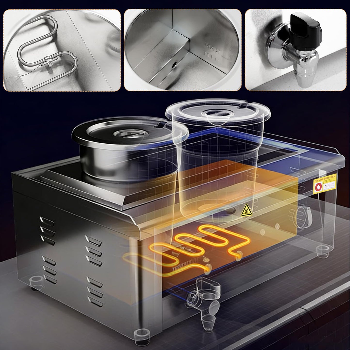 CTJ Electric Soup Warmer Two 7.4QT Commercial Food Warmer 304 Stainless Steel Bain Marie 86°F~185°F Adjustable, with Drain Faucet, Buffet Warmer Steam Table for Catering Restaurant Buffet