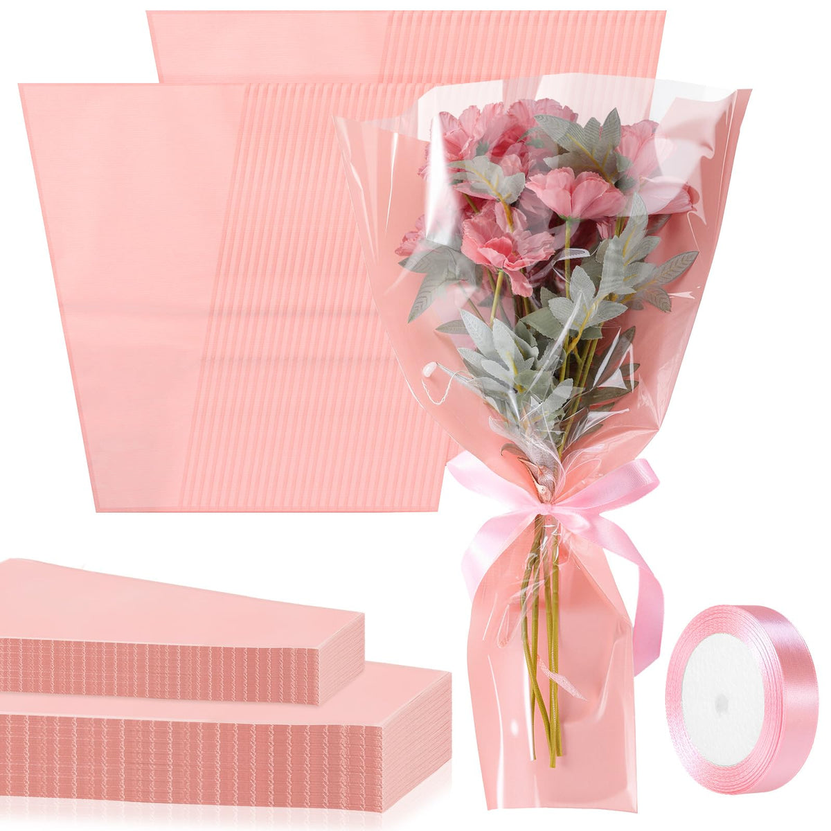 Fullhawl 100 Pcs Flower Bouquet Wrapping Bags 9.8 x 17.9 Inch and 14.2 x 22 Inch Mother's Day Kraft Paper Flower Sleeves Floral Bags with Ribbons for Bouquet Wedding Birthday Graduation (Pink)