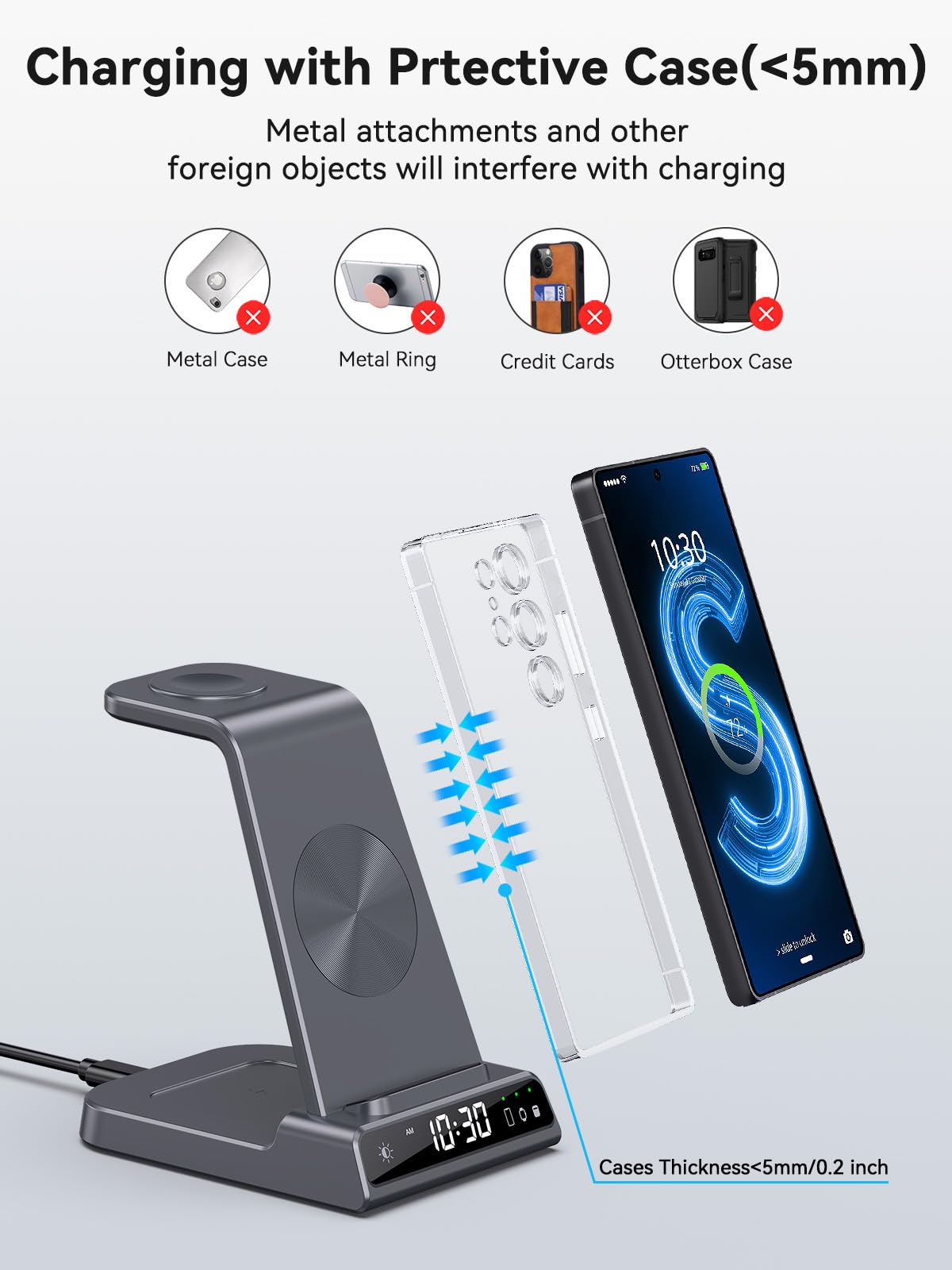 Wireless Charger for Samsung Charging Station with Clock for Samsung Galaxy S25 Ultra/S24/Z Flip 7/Z Fold 6/Bud, 3 in 1 Android Charging Station, Watch Charger for Samsung Galaxy Watch 8/7/6/5 (Grey)