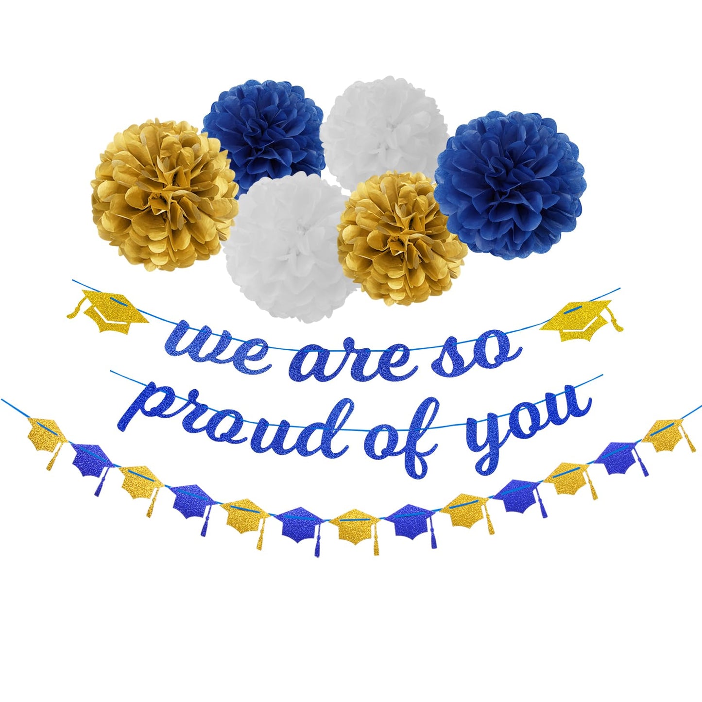 Navy-Blue White-Gold Party-Decoration Graduation Banner - 8pcs Kits Cap Garland Streamers, Paper Tissue Pom Poms Flowers,We are So Proud of You Grad Graduation 2026 Decor Lasting Surprise